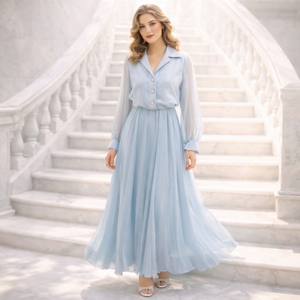 VTG 70s‎ Jack Bryan Sky Blue Pleated Chiffon Maxi Dress Poet Sleeve Goddess 10